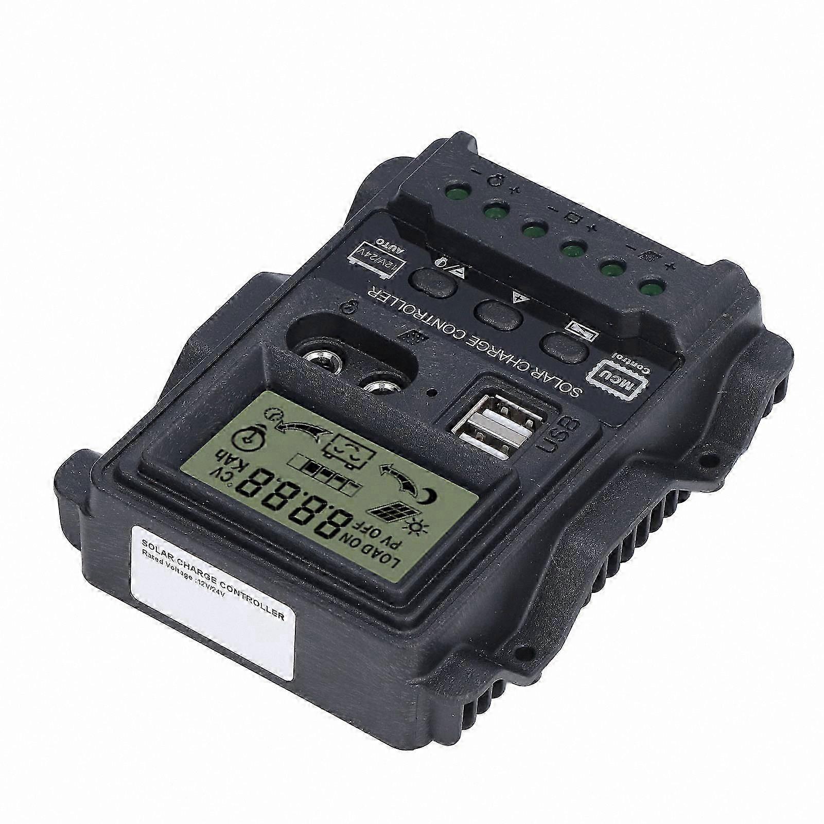 Solar Charge Controller with Dual USB Ports, ABS LCD Display, PWM Charging, Light Control, 12V/24V 30A, 390W/780W