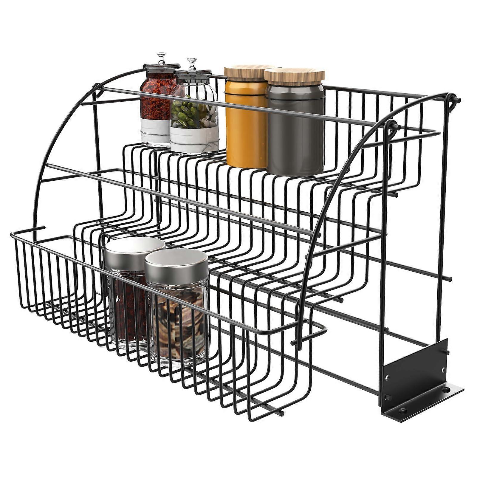 3 Tier Pull Down Spice Rack Kitchen Cabinet Organizer with Hollow Base and Railing Stopper, Black