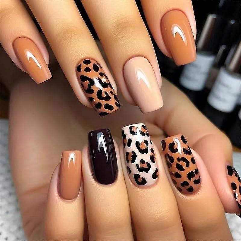 Leopard Print Square Press On Nails Set, Full Cover Animal Print False Nails, 24pcs Multicolor