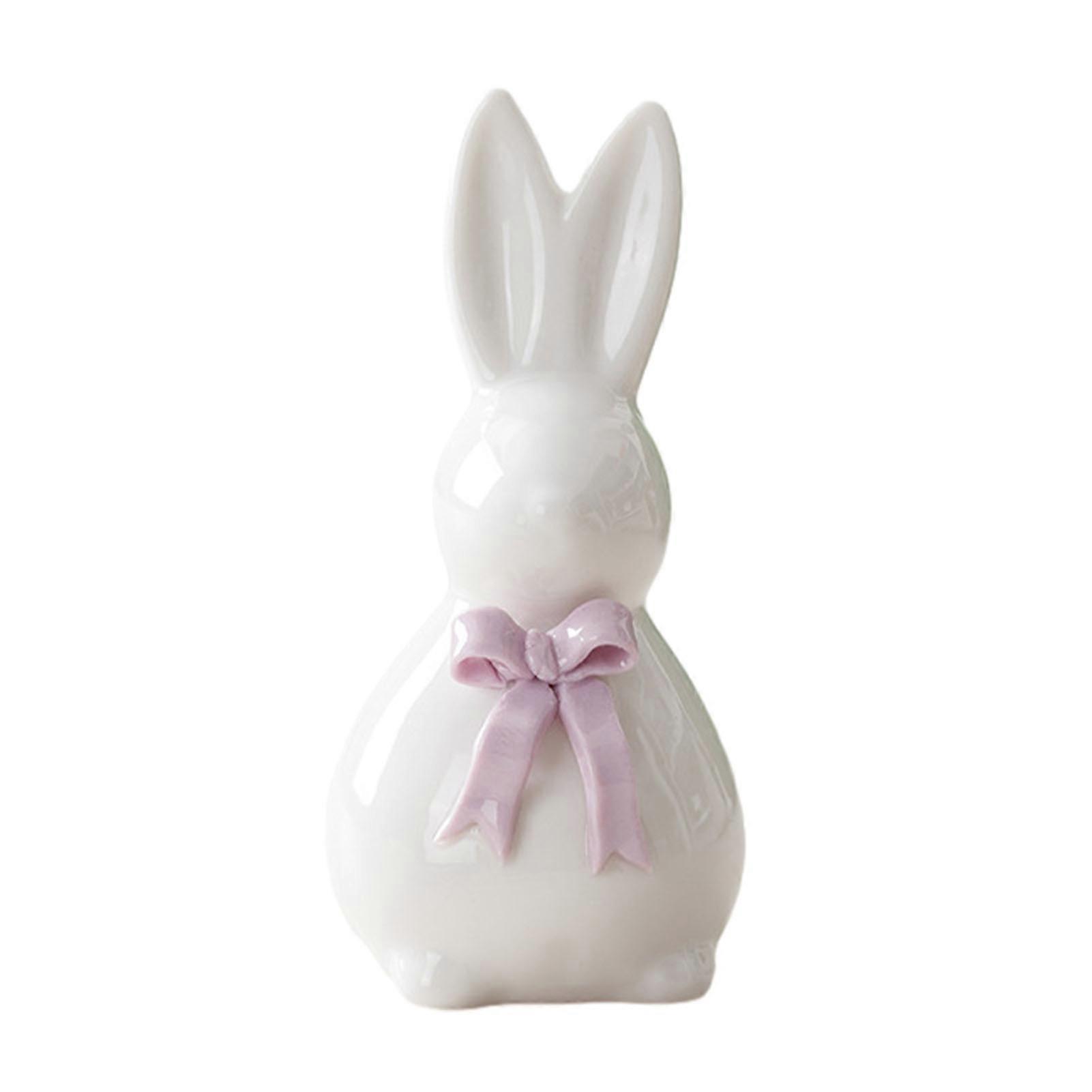 Ceramic Bunny Figurine with Bow, Easter Rabbit Statue for Spring Home & Office Decoration