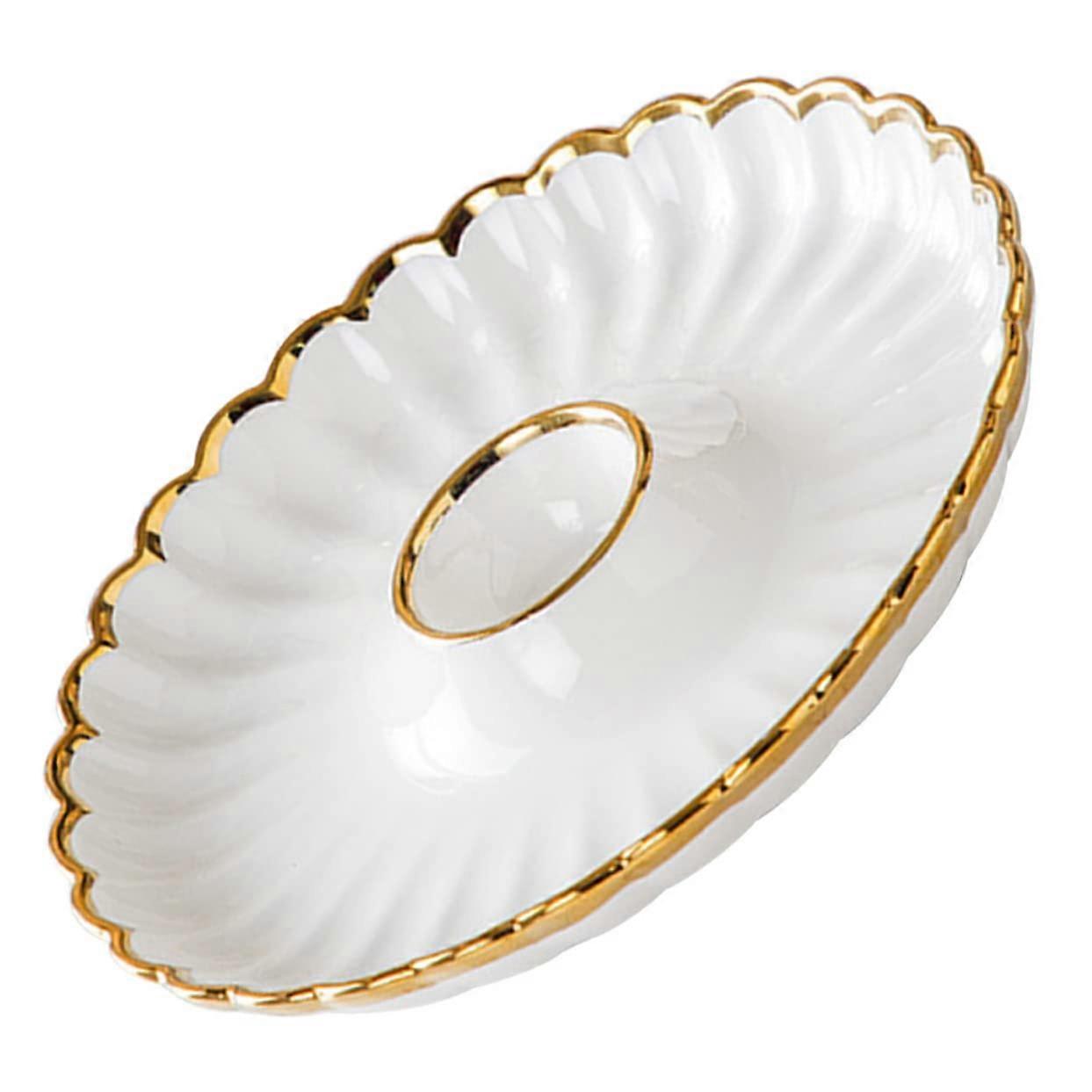 Round Ceramic Divided Serving Plate with Sauce Section for Sushi Dumplings Chips and Party Snacks