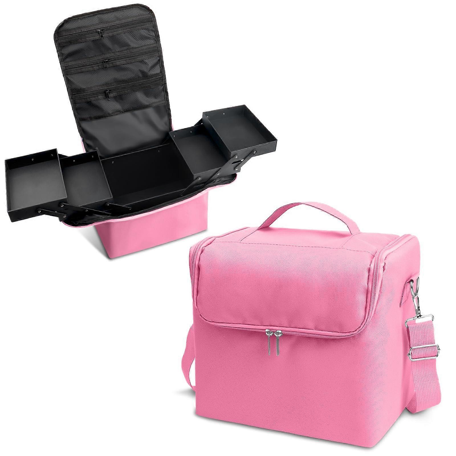Large Pink Makeup Train Case with Four Trays, Professional Nail Organizer with Adjustable Strap