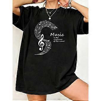 Music Is The Medicine Of The Mind T Shirt Black Music Notes And Treble Clef Print Casual Wear For Women