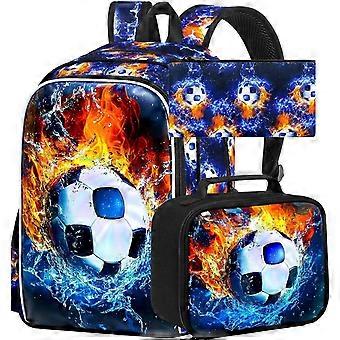 Voetbalrugzakset 3-delig voor jongens, 43 cm schooltas met lunchbox en etui, Fire and Ice design