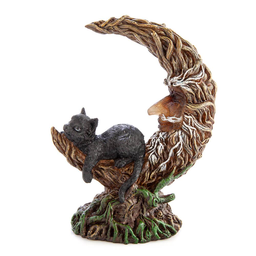 Black Cat Sitting On Crescent Greenman Tree Moon Figurine with LED Night Light