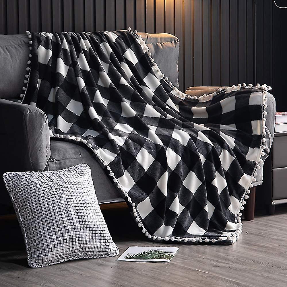 Fleece Blanket With Tassel Fringe, Black And White Buffalo Plaid