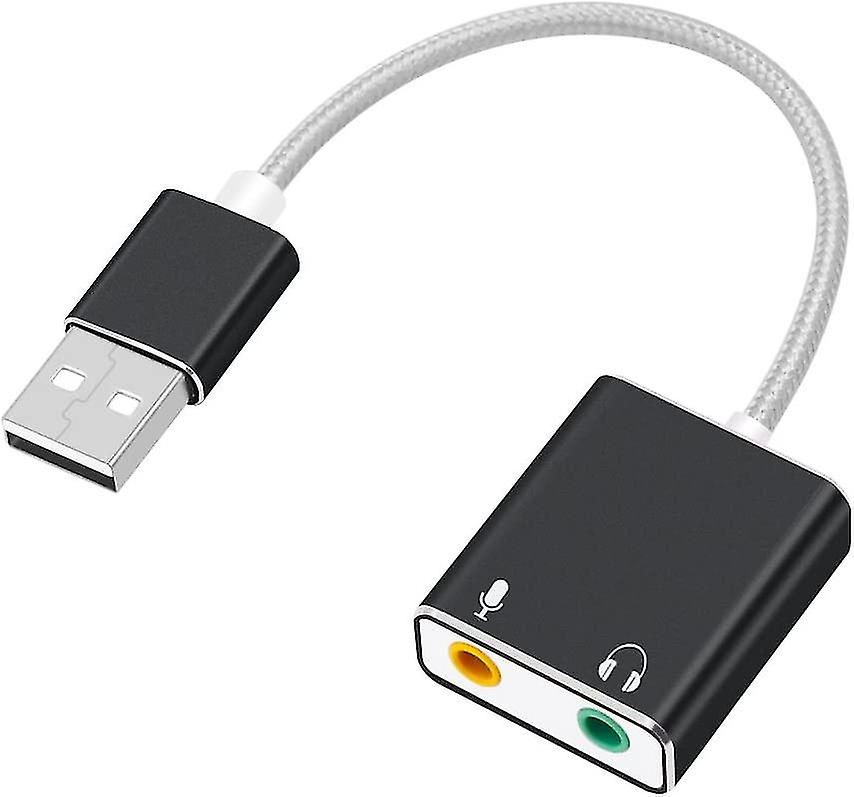 Aluminum Usb External Stereo Sound Card Adapter, Nylon Braided Usb Audio Adapter With Headphone And Microphone Jack, Black