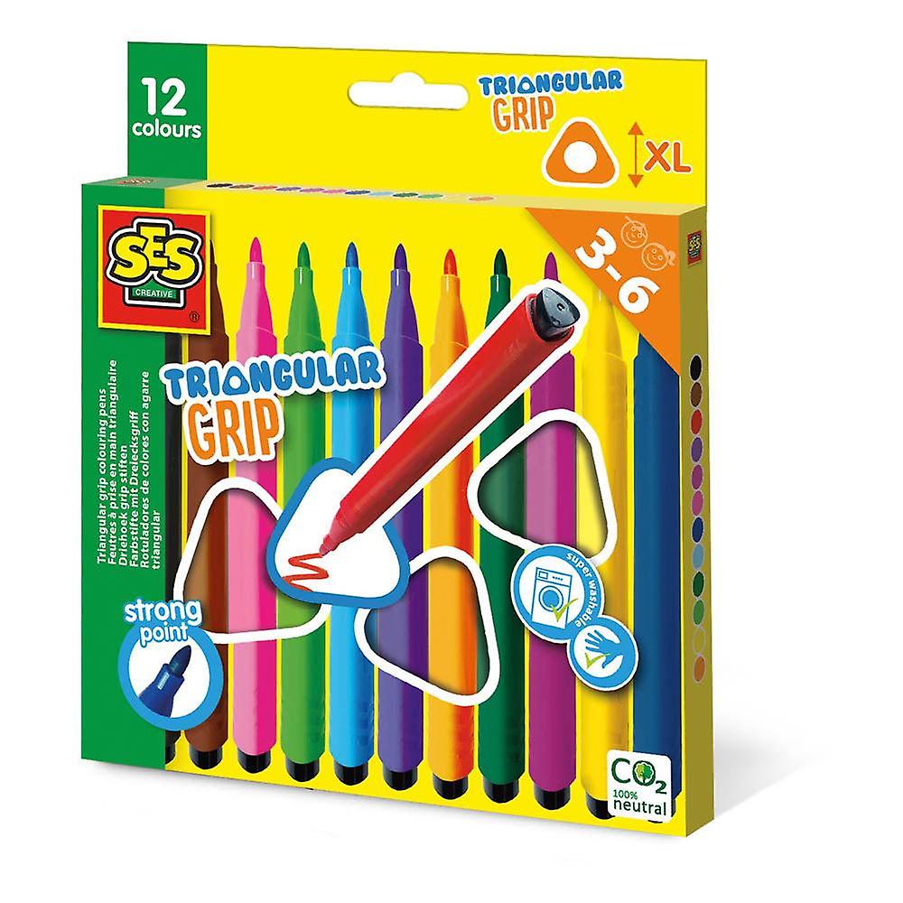 SES CREATIVE Triangular XL Grip Colouring Pens, 12 Colours Set Markers