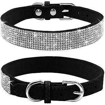 Rhinestone Dog Collar, Cute Dazzling Sparkling Soft Suede Leather Dog Cat Rhinestone Collar Crystal Diamond Pet Dog Puppy Collar(Black,XS)