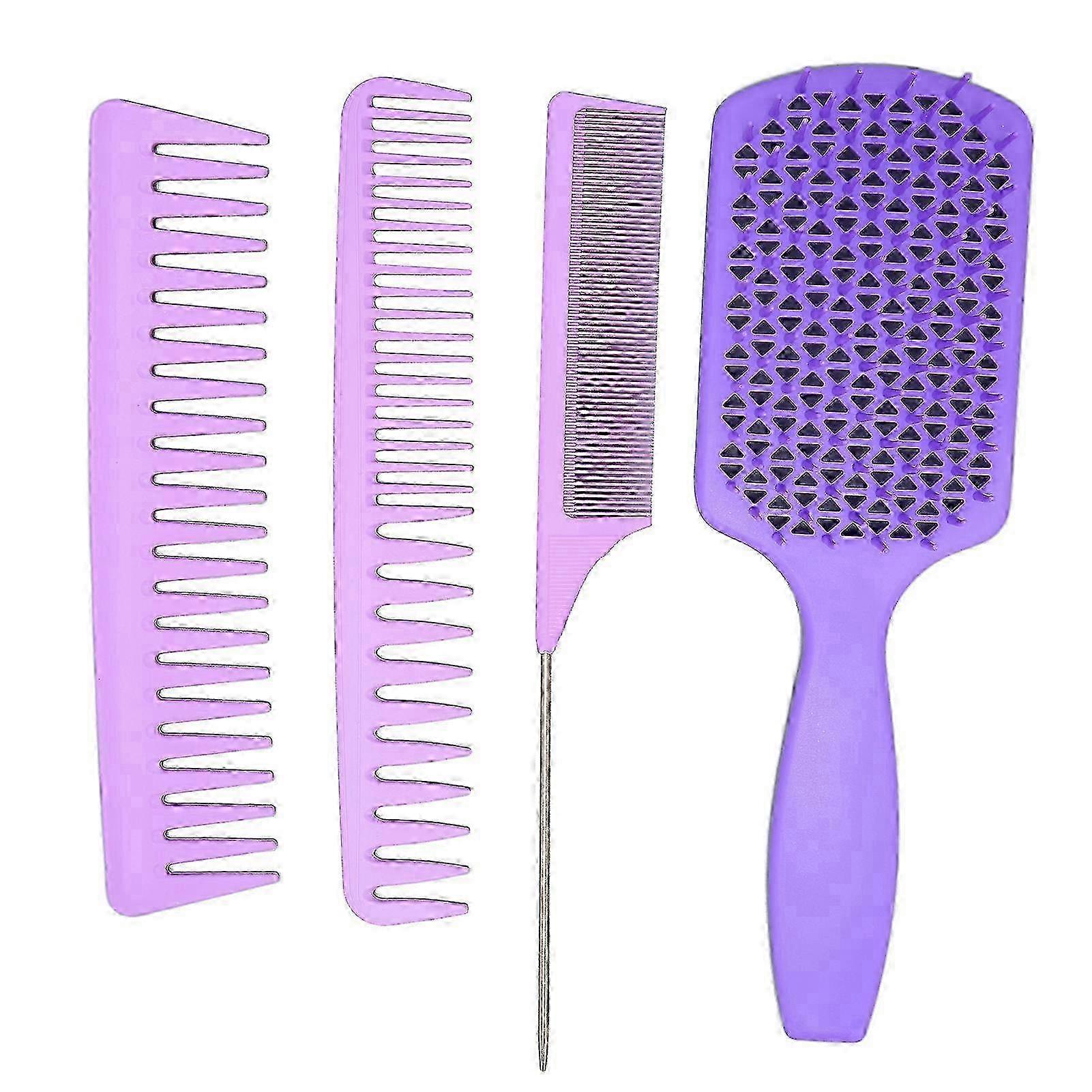 Set of 4 hair combs and brushes, easy detangling, wide tooth comb, for hairdressing, purple box.