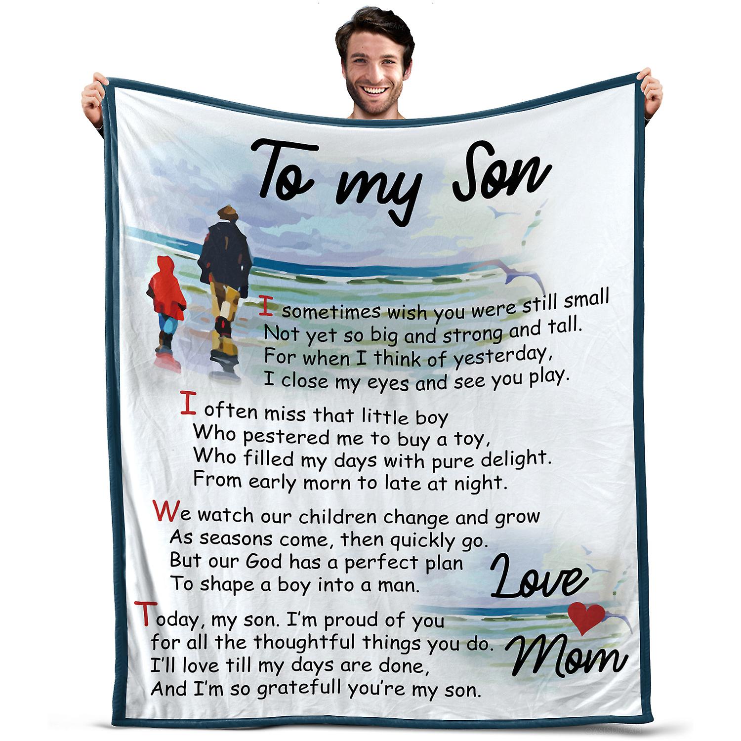 Oasisdream Throw Blanket To My Son for Sofa, Office, Outdoor Use, Birthday Gift for Him with A Letter from Mom