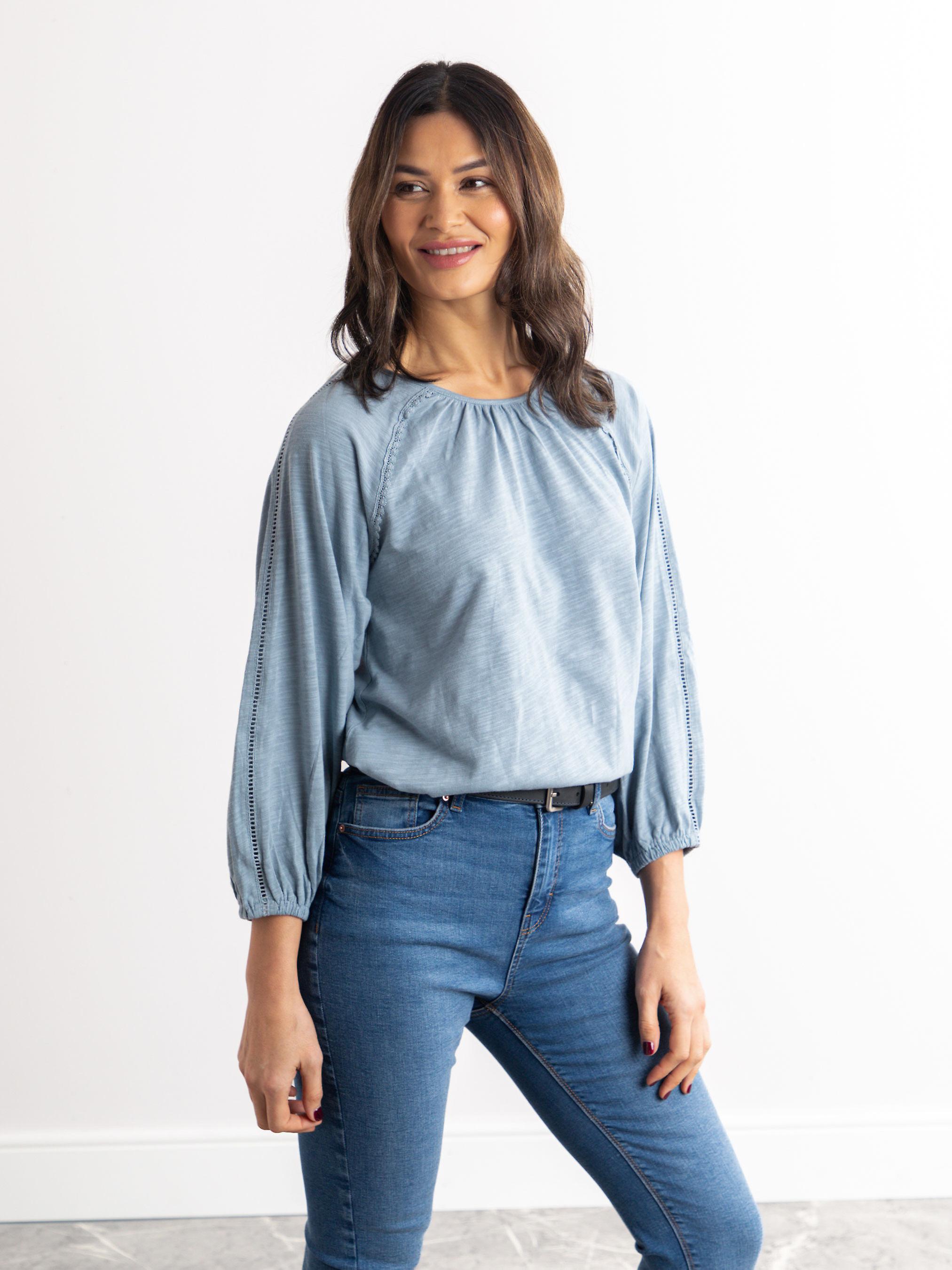 Catrin Lace Trim Jersey Top in Duck Egg Blue