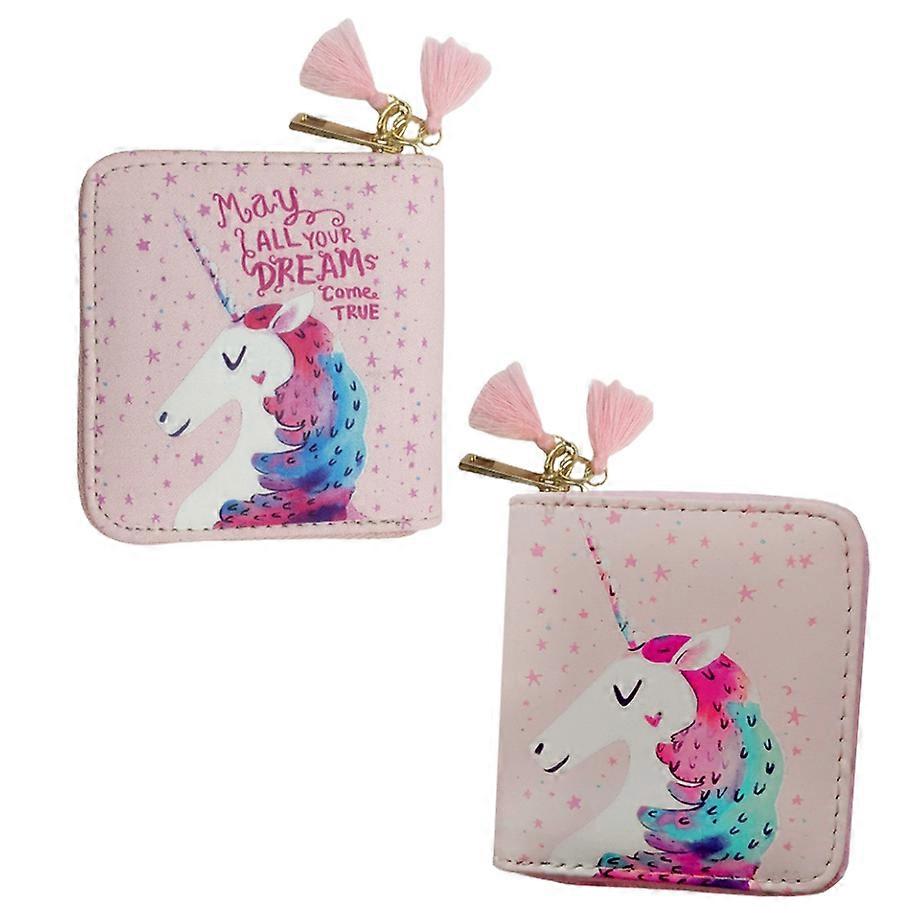 1pc PU Zipper Wallet Cartoon Unicorns Pattern Wallet Small Zipper Wallet for Girls (Pink)