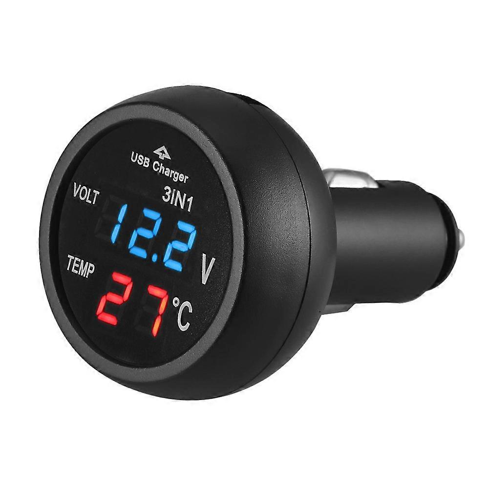 3 in 1 Car Volt Meter Digital LED Car Truck USB Charger Current Meter Monitor Volt Detector 12/24V Car Voltmeter Thermometer