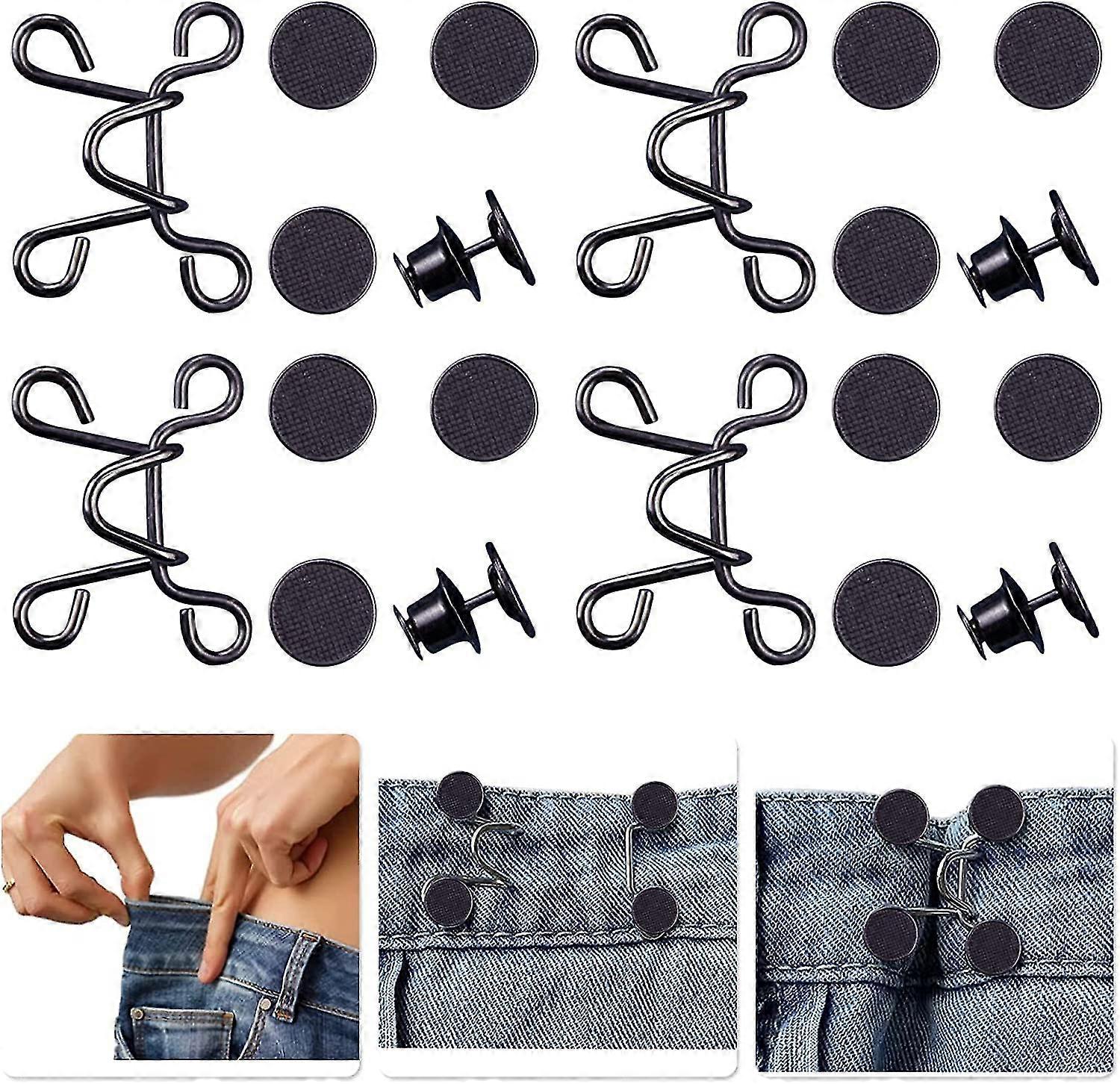 4 Set Pant Waist Tightener, Adjustable Waist Buckle Set Extra Button For Jeans To Make Tighter Button Adjuster For Pants Jeans Skirts Sleeves 1. Black