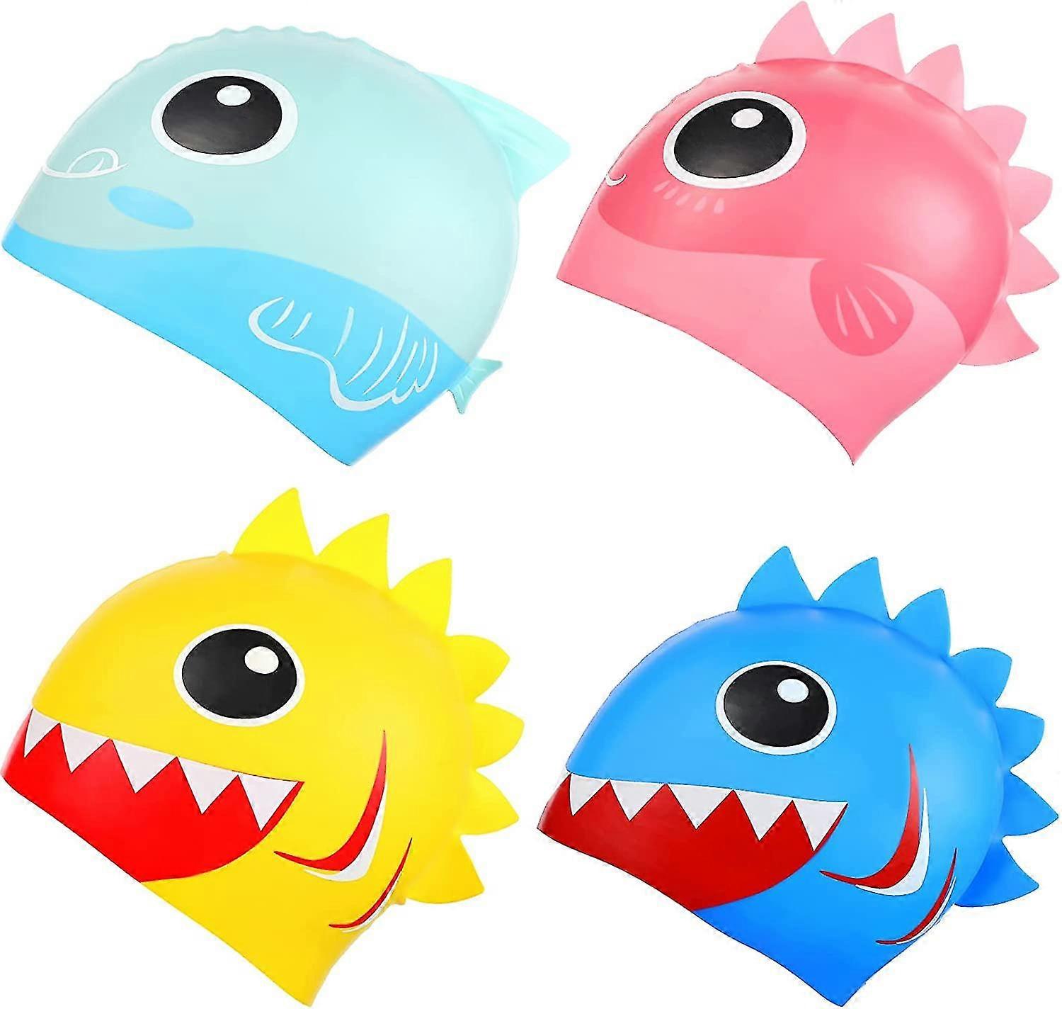 4 Pieces 5-10 Years Children Swim Cap Cute Carton Design Child Swim Cap Silicone For Children Durable Waterproof For Boy And Girl Animals