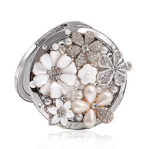 Double-sided Mirror Portable Makeup Mirror Rhinestone Flower Folding Mirror