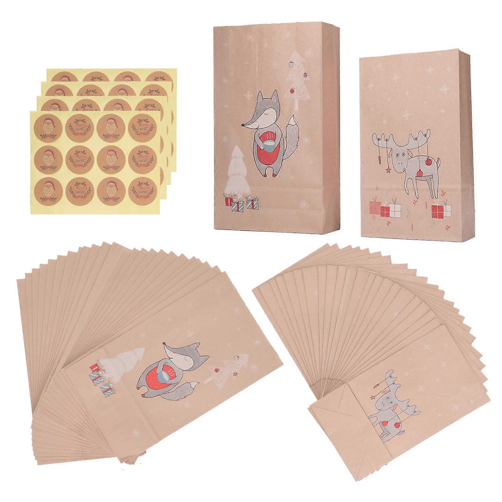 48 PCS Christmas Gift Bag Cute Pattern Kraft Paper Gift Bag with Stickers for Holiday Activities Parties