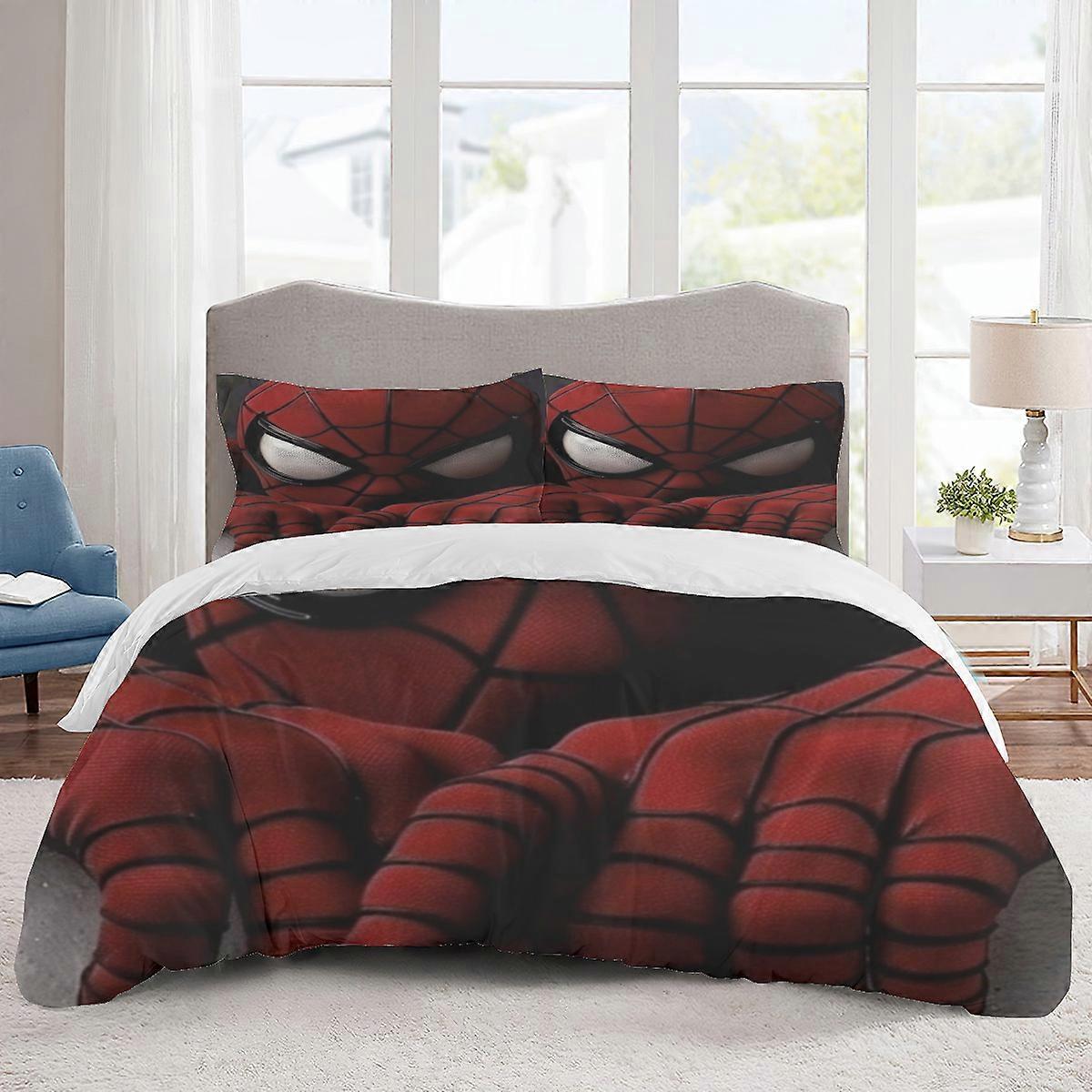 v1676 침대 시트 침구 스파이더맨 만화 침구 세트 가벼운 3피스 침구 세트 (어린이 남아 여아용, 이불 커버 1개 및 베개 커버 2개)