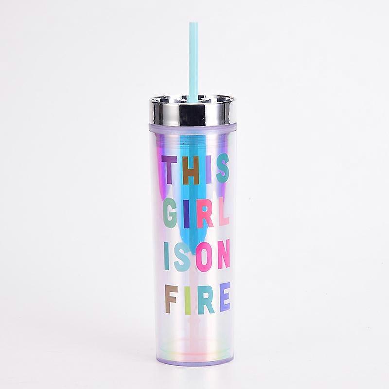 16oz plastic straw cup creative straight body water cup magic color electroplating lid double layer plastic cup