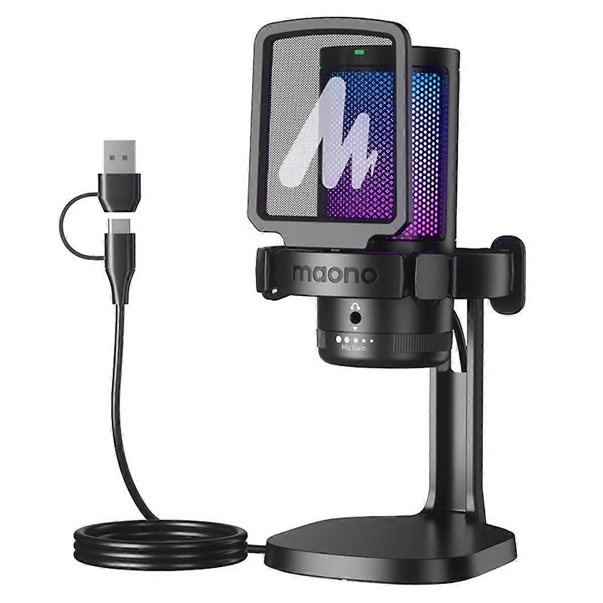 DGM20 USB Microphone RGB Condenser Mic Gaming Microphone with Noise Reduction Software for Game Live Recording Black