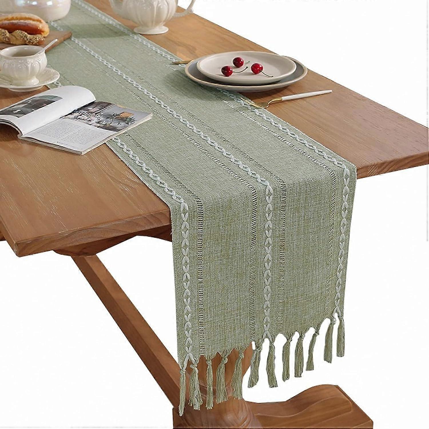 Sage Green Table Runners Weave Striped Table Runner with Tassel(Green,33*183)