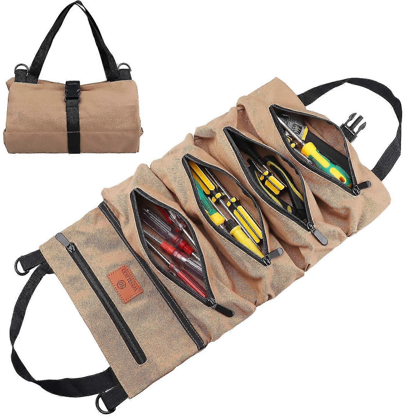 Roll-Up Tool Bag With 5 Multi-Function Canvas Zippered Pockets For Electrician, Heating, Air Conditioning, Plumber, Carpenter Or Mechanic (Khaki)One P