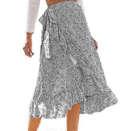 Women Tie Wrap Skirt Floral Print Ruffle Trim Split Design Mid Length Flowy Hem Summer Skirt with Lining