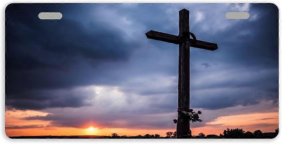 Tampa de Placa de Licença de Carro de Metal com Cruz Sunset com 2 Furos 11,8 x 6,1 Polegadas