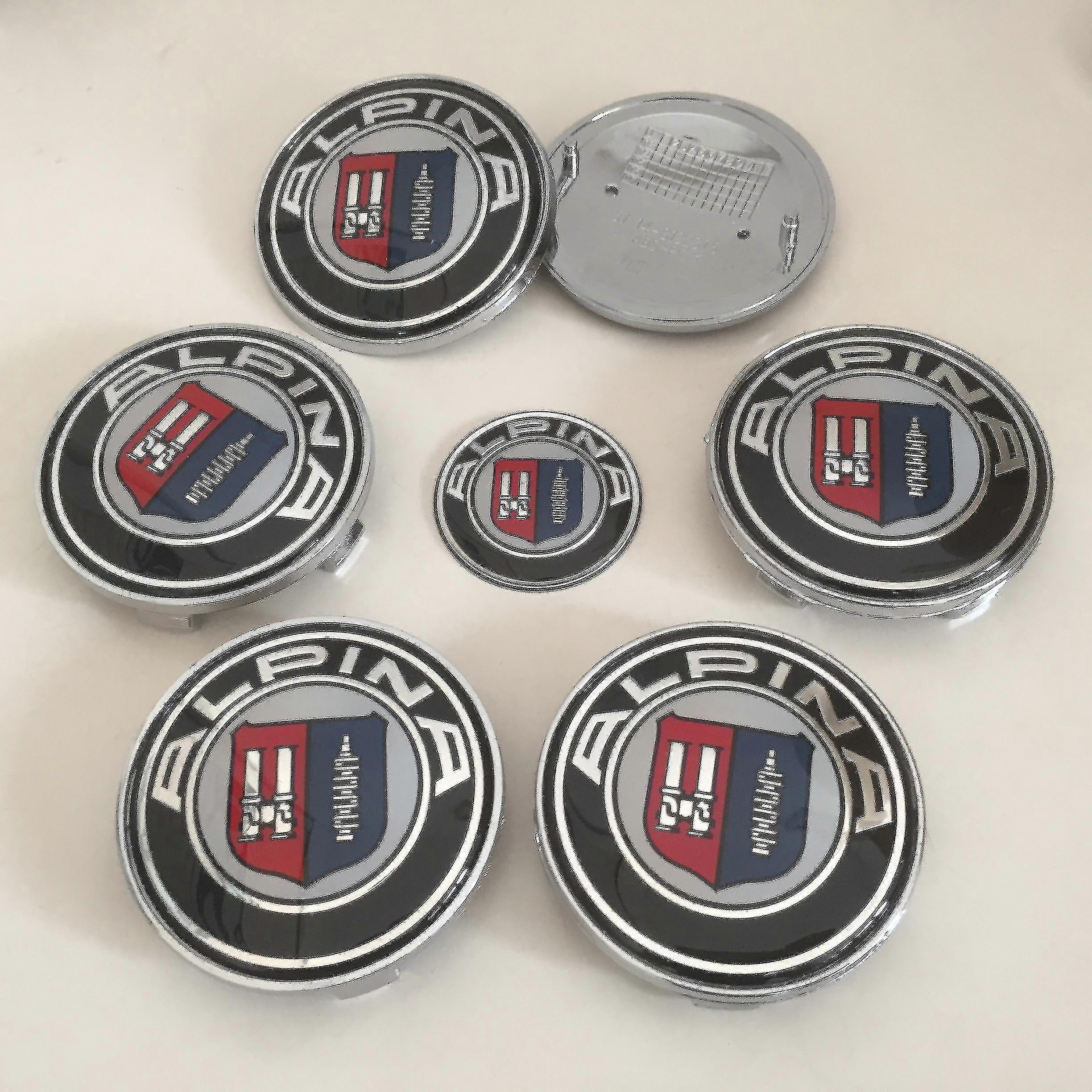 7 قطع 3D Alpina شعار غطاء السيارة الأمامي شعار 82 مم + شارة خلفية 74 مم + غطاء محور العجلة 68 مم + ملصق عجلة القيادة 45 مم Cat Styling Boris