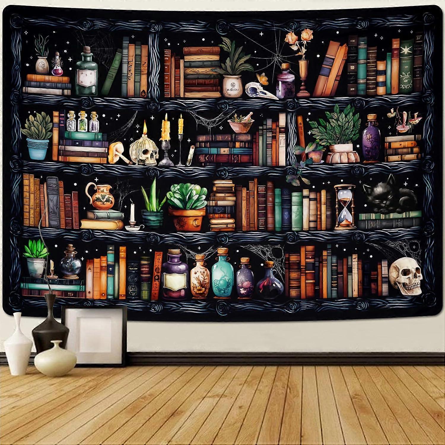Bookshelf Tapestry Magical Book Tapestries Goth Skull Tapestry Vintage Botanical Tapestry Black Cat Wall