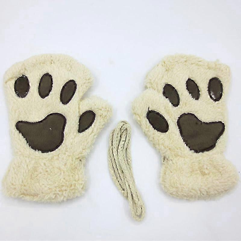 Beige Winter Women's Half Finger Plush Warm Gloves