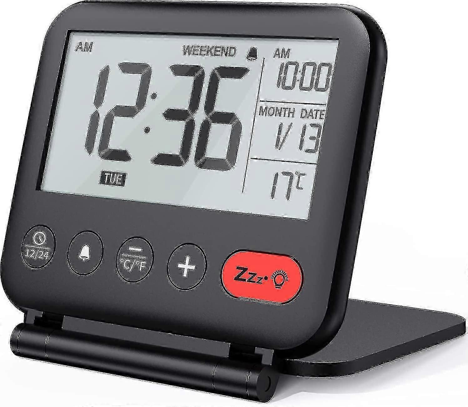 Digital Travel Alarm Clock  Mini Portable Lcd Display Clock With Backlight Calendar Temperature Snooze 12/24h Makeup Mirror, Small Folding Battery Ope