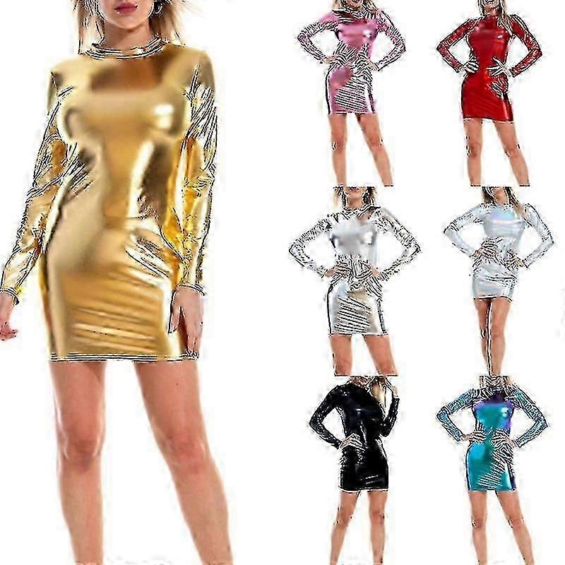 Kvinnor Läder Bodycon Mini Klänning Glänsande Metallic Långärmad Rund Hals Club Klänning