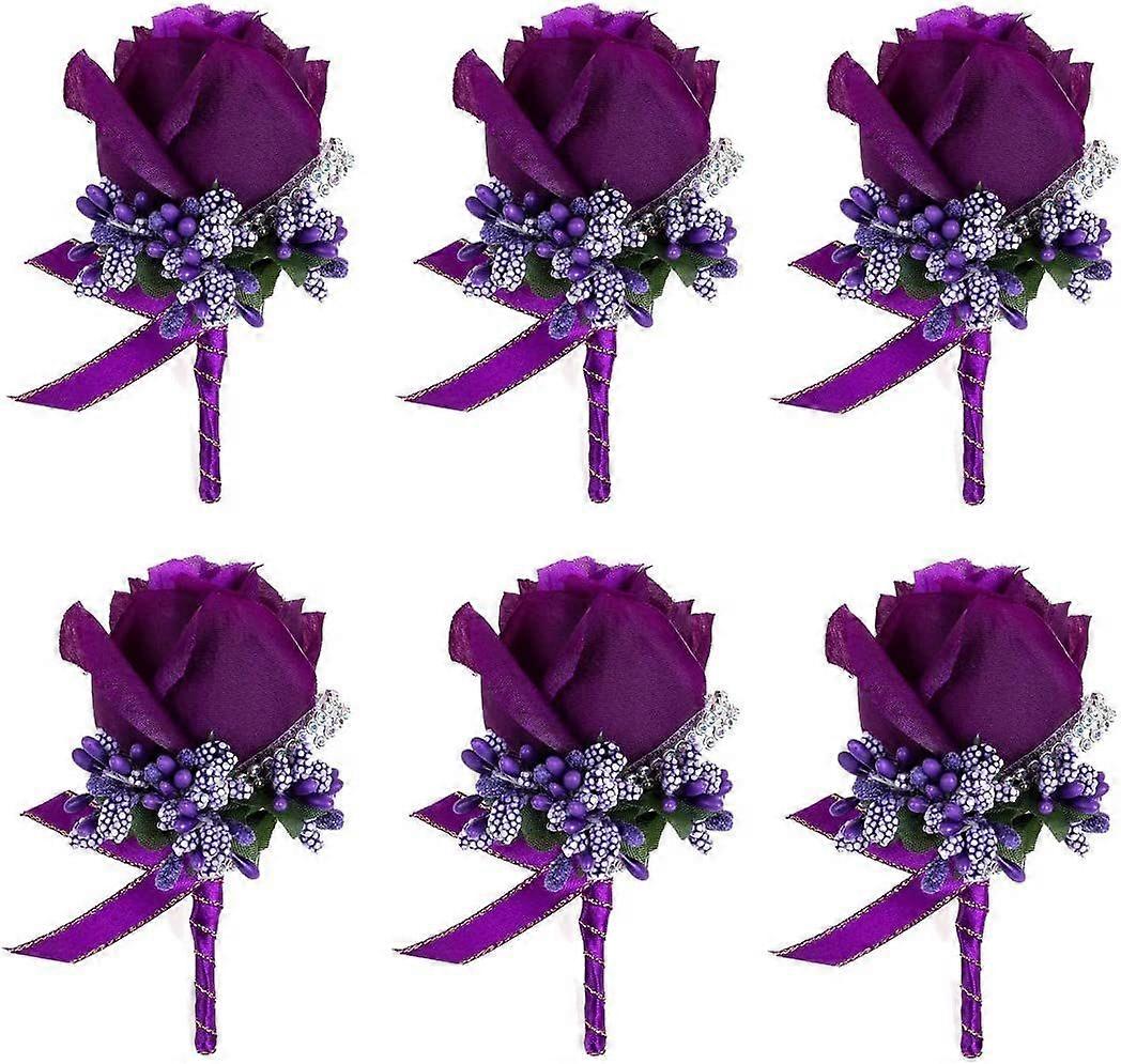 6件装花男士胸花手工丝绸男士胸花，适合新郎婚礼派对套装紫色