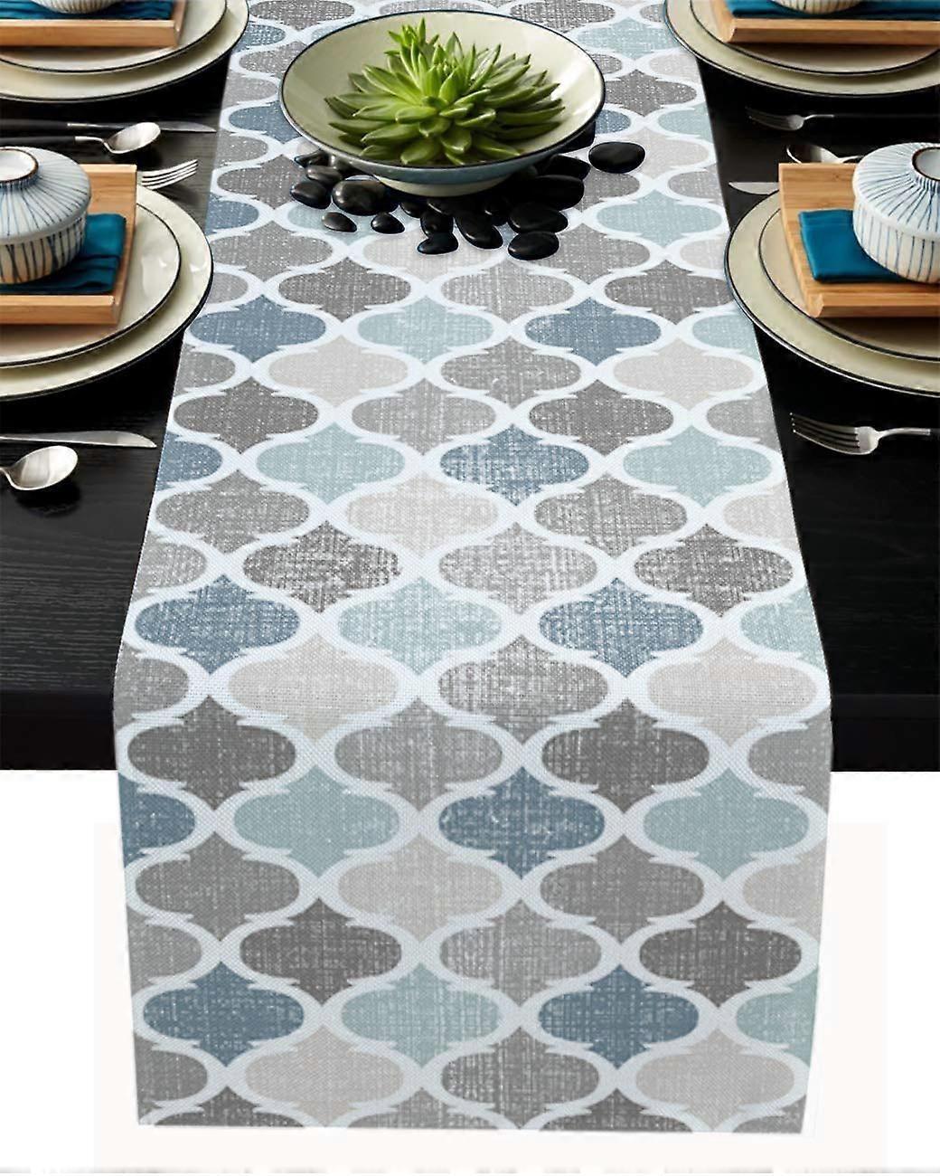 Moroccan Cotton Linen Long Geometric Four Leaf Clover Plaid Table Runner for Kitchen 72 Inch