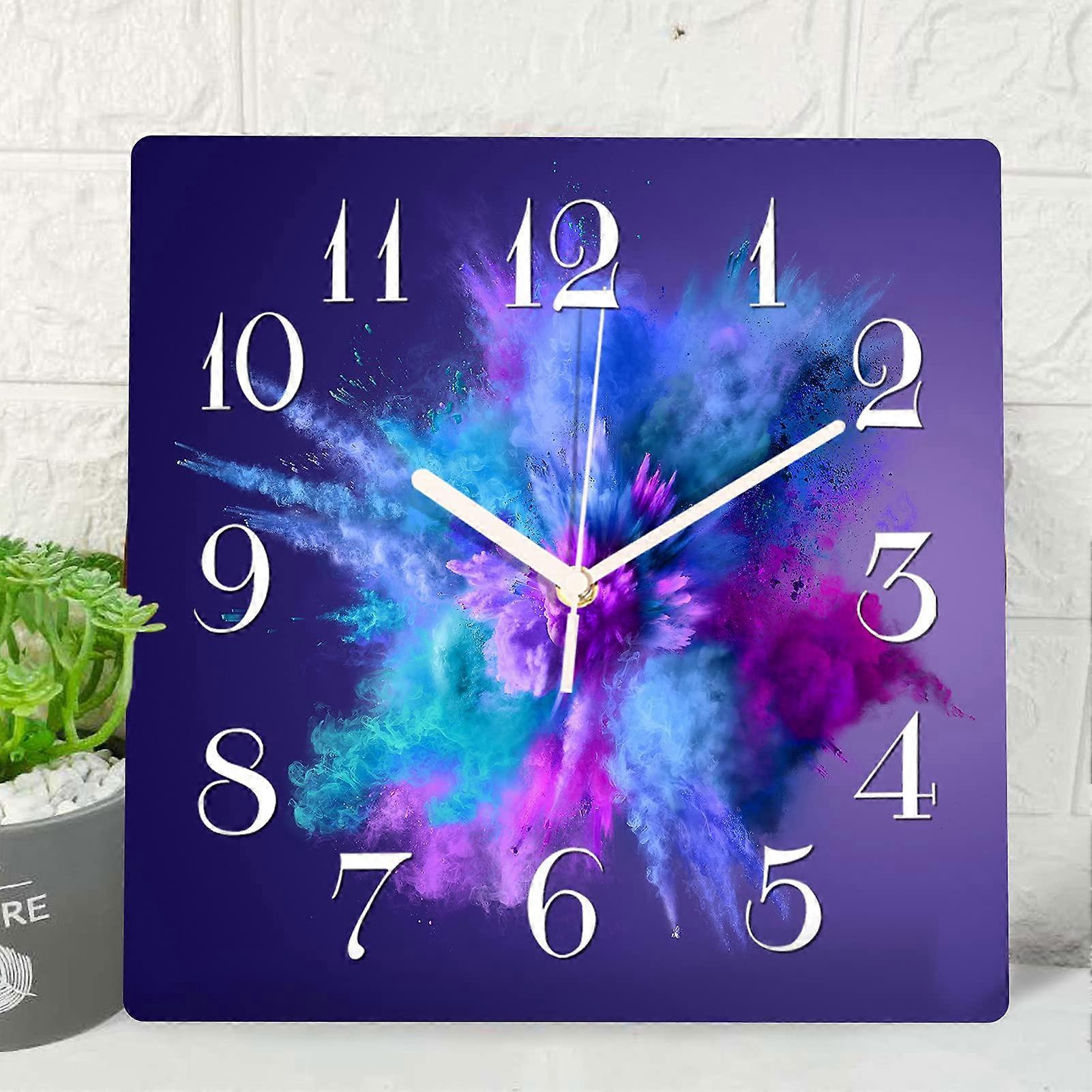 Wooden Silent Non-Ticking Wall Clock Purple Blue Pink Gradient Color Abstract Watercolor Square Rustic Coastal for Home 12 Inch