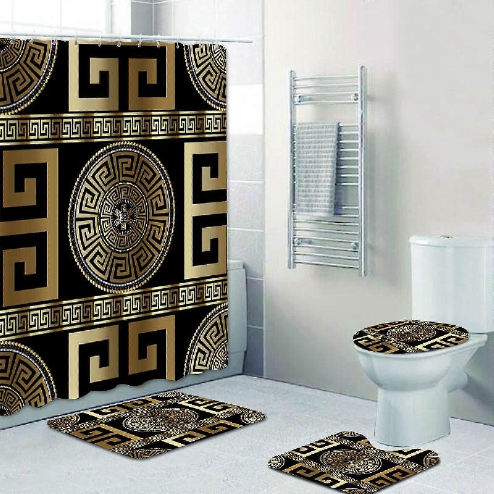 4 Pieces Bath Set Retro Black Gold Greek Key Meander Shower Curtain 71x71 Inch Waterproof with Anti-Slip Bath Rug and Hooks