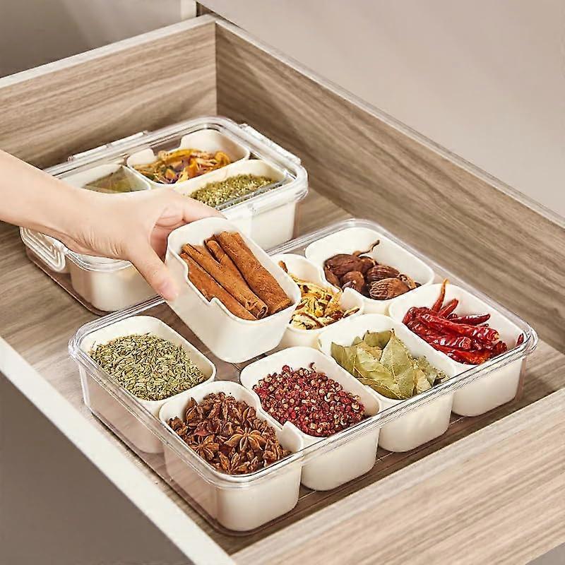 Seasoning Storage Box with Eight Grid Design, Multi-Grid Spice Container, Sealed Kitchen Organization Tank for Herbs and Spices