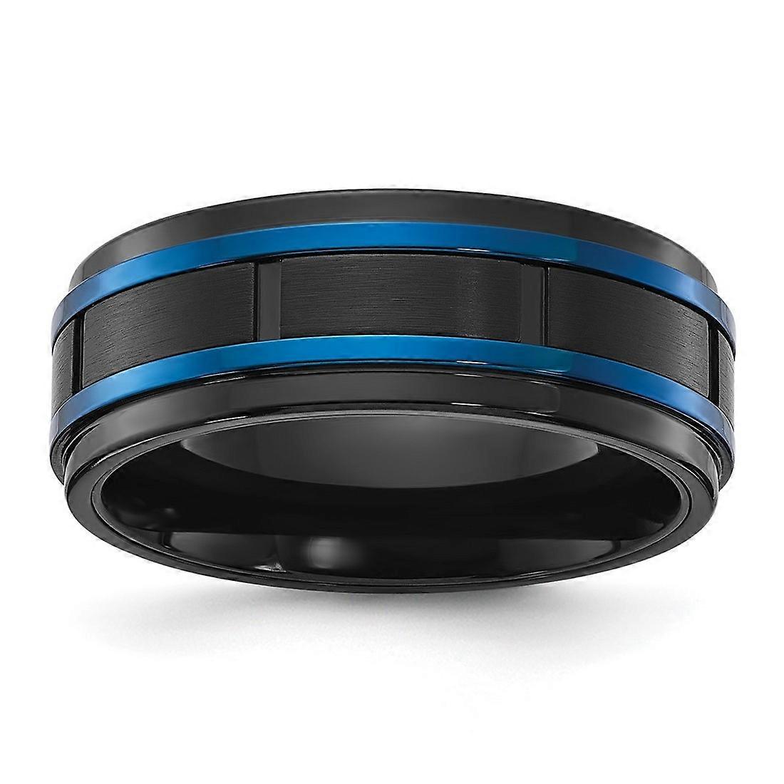 Titaaniharjattu ja kiillotettu musta ja sininen IP-päällysteinen 8 mm:n sormus naisille ja miehille - Sormuskoko: 7-14