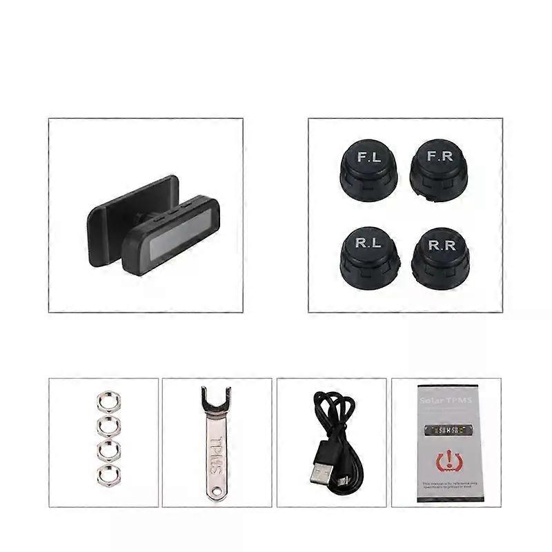 con Universal 4 External Sensor Tire Pressure Sensors Solar Power Clock LCD Display TPMS Wireless Tire Pressure Monitoring System