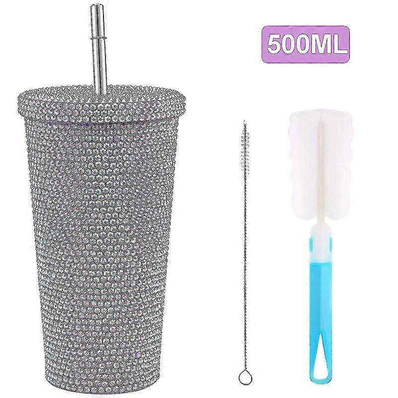500ml パープル ブリンブリン ダイヤモンド タンブラー – ストロー、蓋、ラインストーンのデザインが施されたステンレス製のグリッター ウォーター ボトル。クリーニングブラシが含まれています。