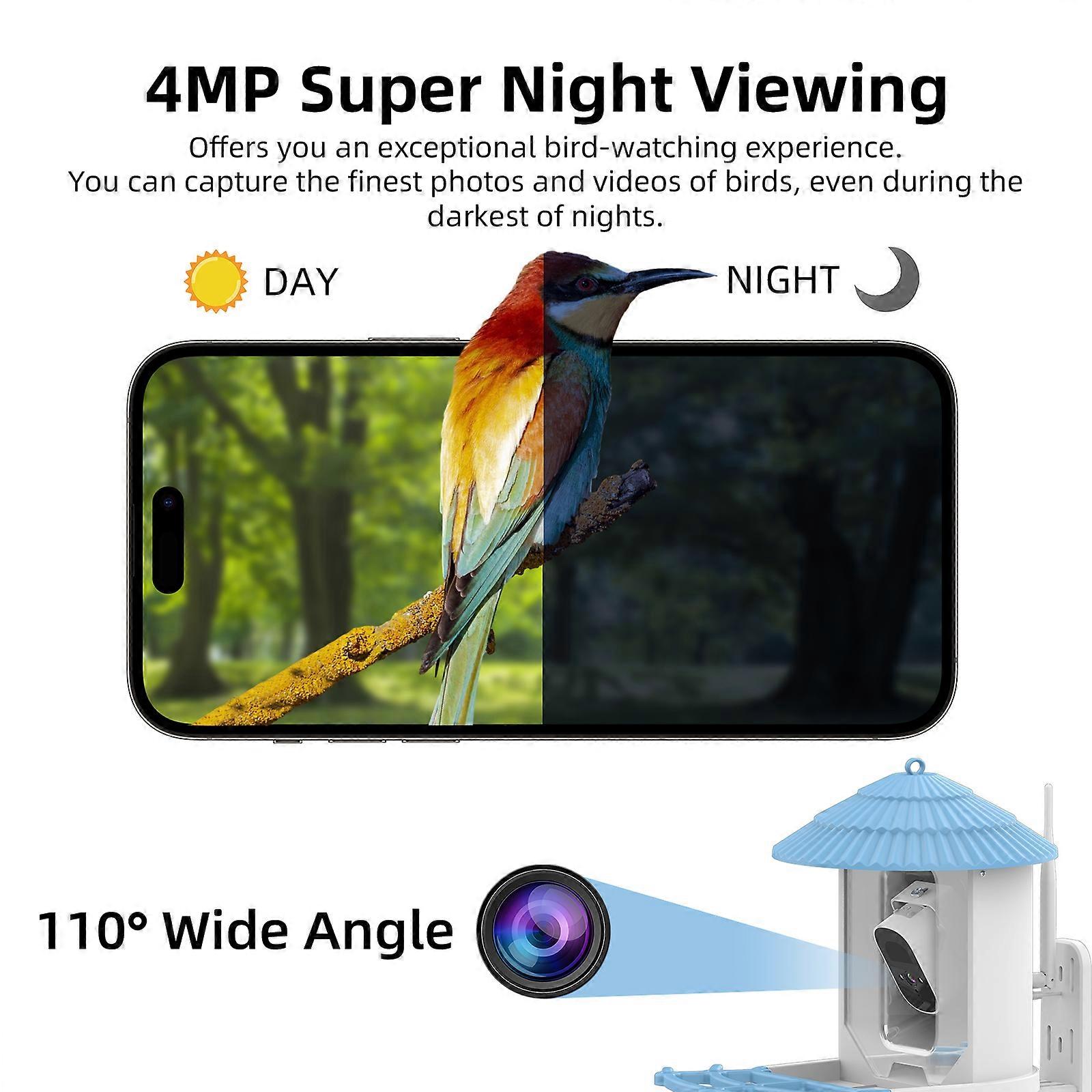 Smart Bird Feeder with 4MP Camera, Solar Powered, 2L Blue, 38x33x20cm