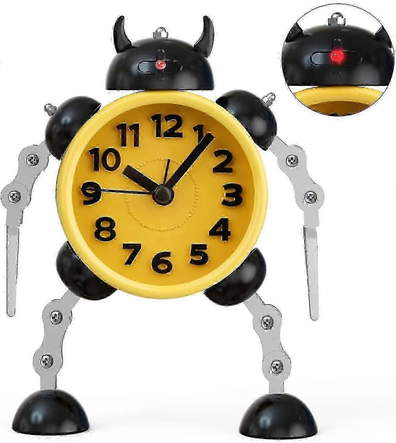 Robot Alarm Clock,ultra-quiet Non Ticking Analog Alarm Clock With Eye Light And Hand Clip(Yellow)