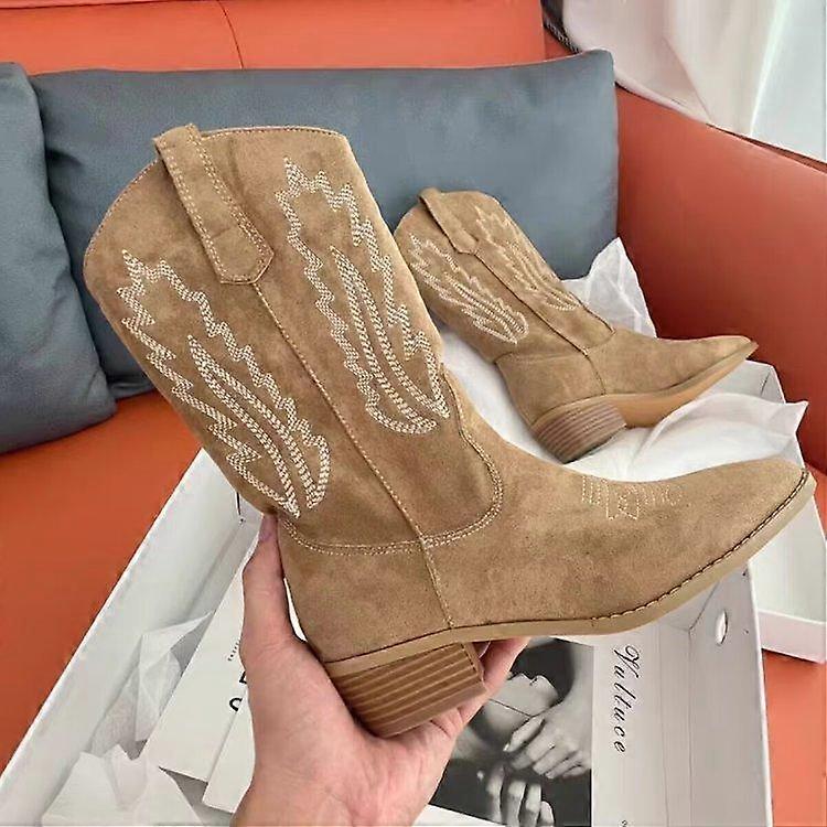 Western Cowboy Boots V-neck Embroidered Sleeve Knight Boots Retro Mid Length Pointed Riding Boots