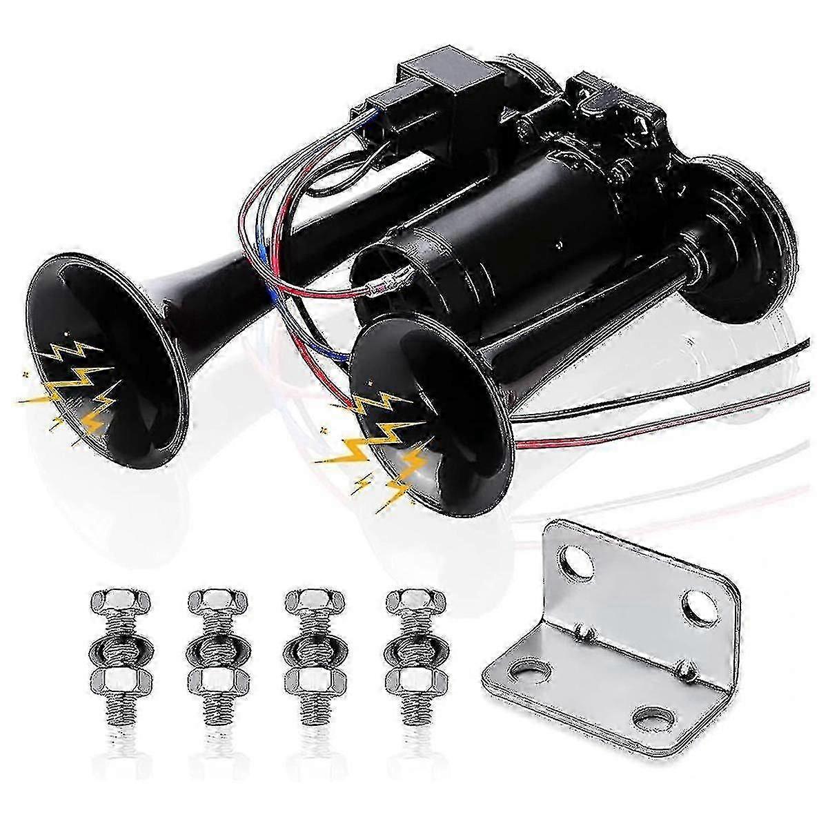 12V 150dB 2-Trompete Auto und Zug Lufthorn Kit mit Kompressor für LKWs, Boote (Schwarz)