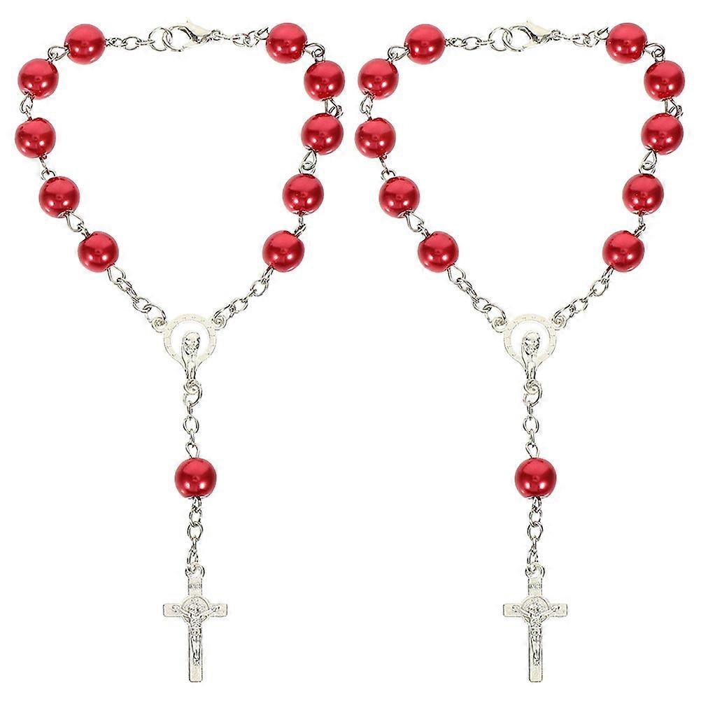 Car Hanging Ornament Car Rosary Rearview Mirror Cross Pendant Rearview Mirror Decor Red Zinc Alloy Spiritual Decoration 2Pcs