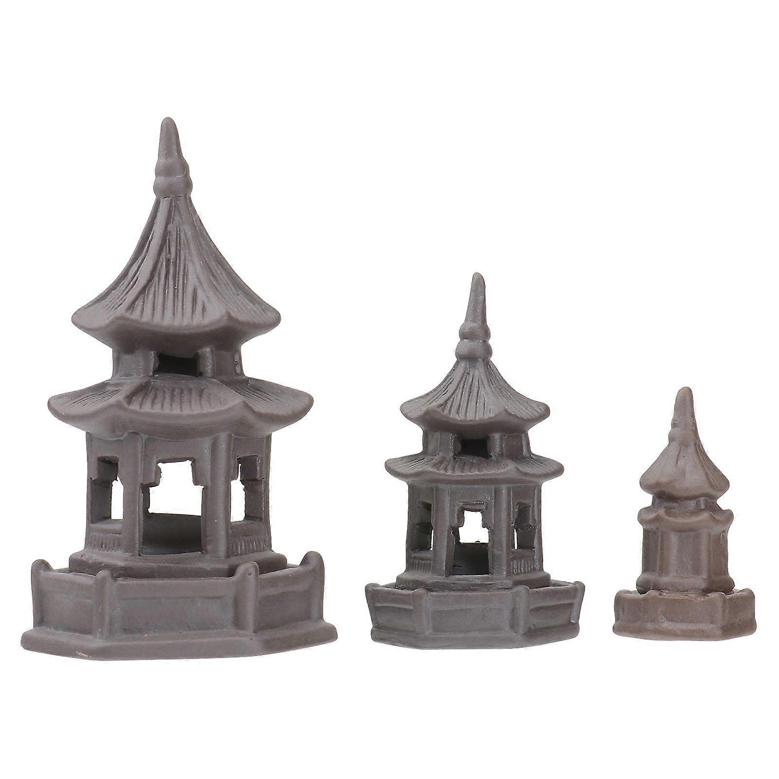 3Pcs Decorative Pavilion Ornaments for Home Garden Made of Ceramics in Brown Color