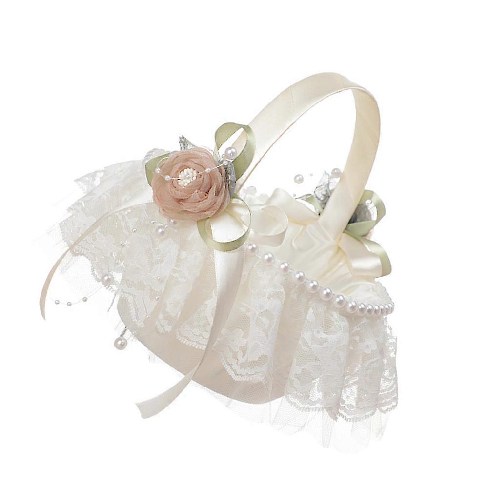 Elegant Ivory White Flower Basket with Pearls for Wedding Ceremony, Bridal Shower, and Decorative Events