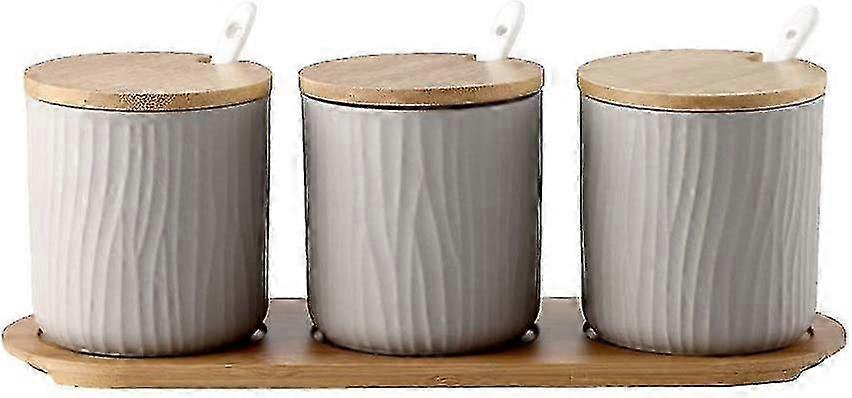 Ceramic Condiment Jar Set with Lids and Spoons - Wooden Serving Tray for Kitchen, 9.5 * 28.5cm, Gray